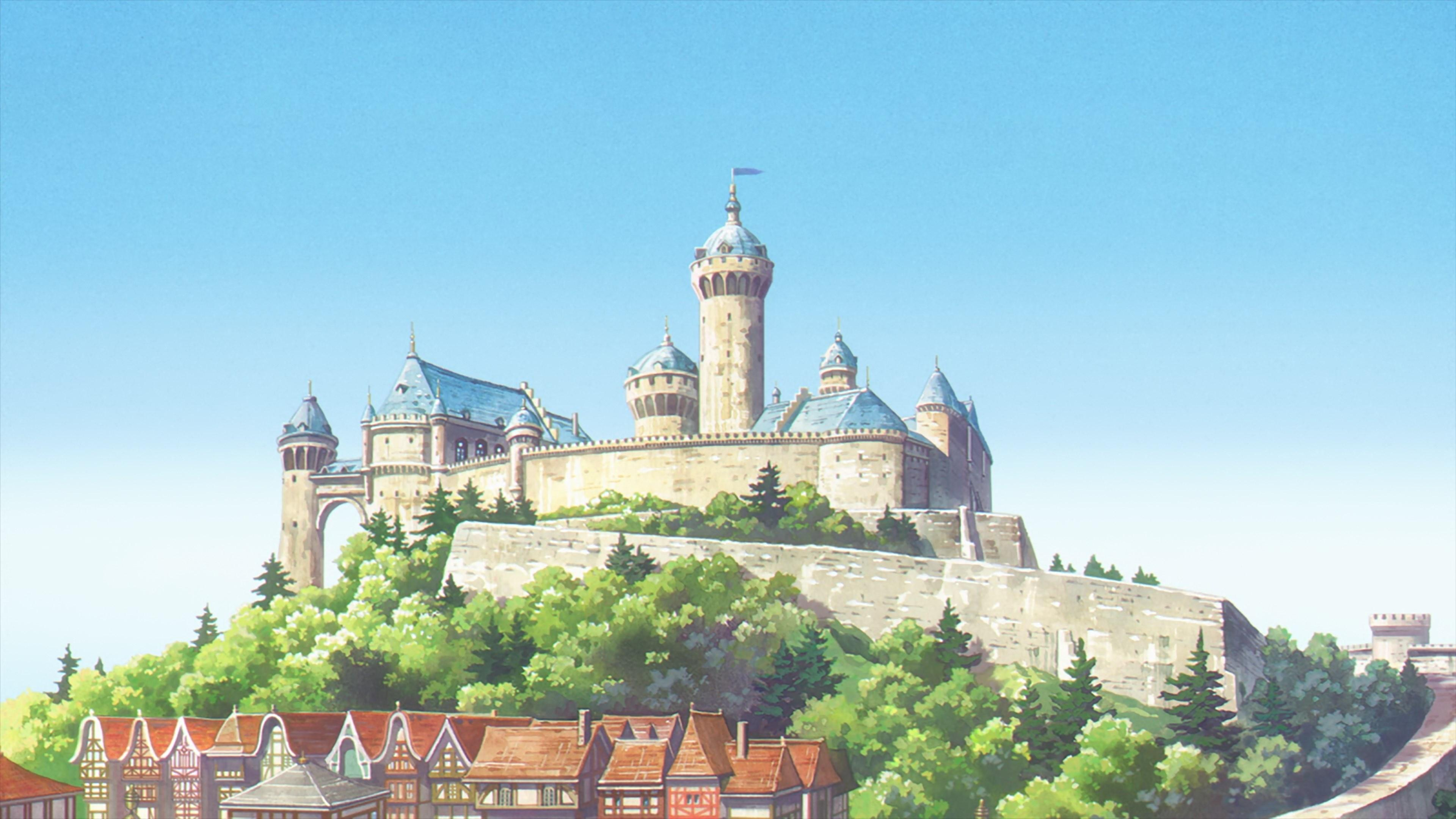 Fantasy castle overlooking a quiet town
